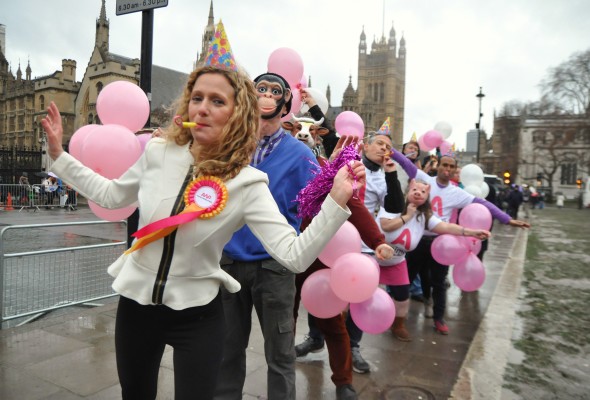 London: UK’s Animal Welfare Party perform celebratory conga dance outside Parliament to kick off 2014